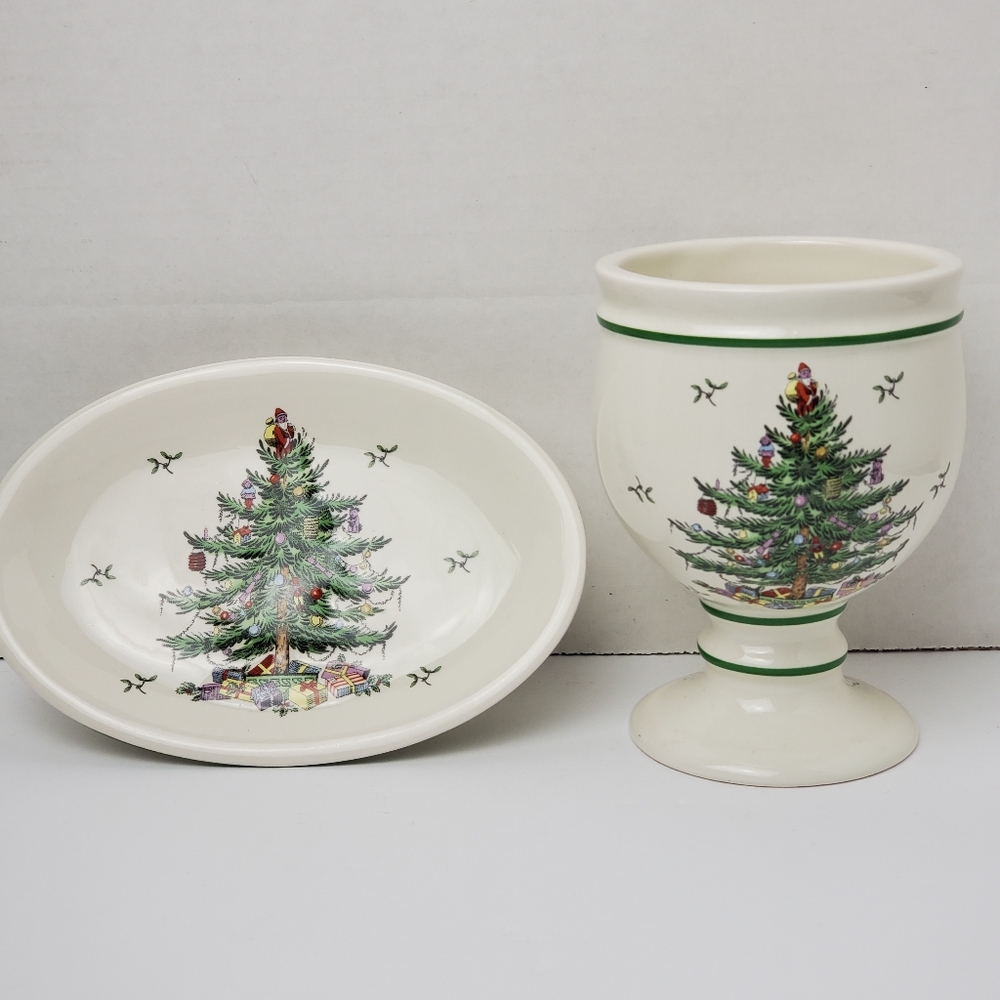 Vintage Spode Christmas Tree Soapdish and Matching Stemmed Glass
